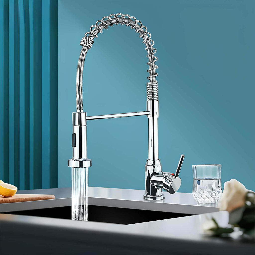 Commercial spring kitchen faucet with tall spout and pull-down sprayer