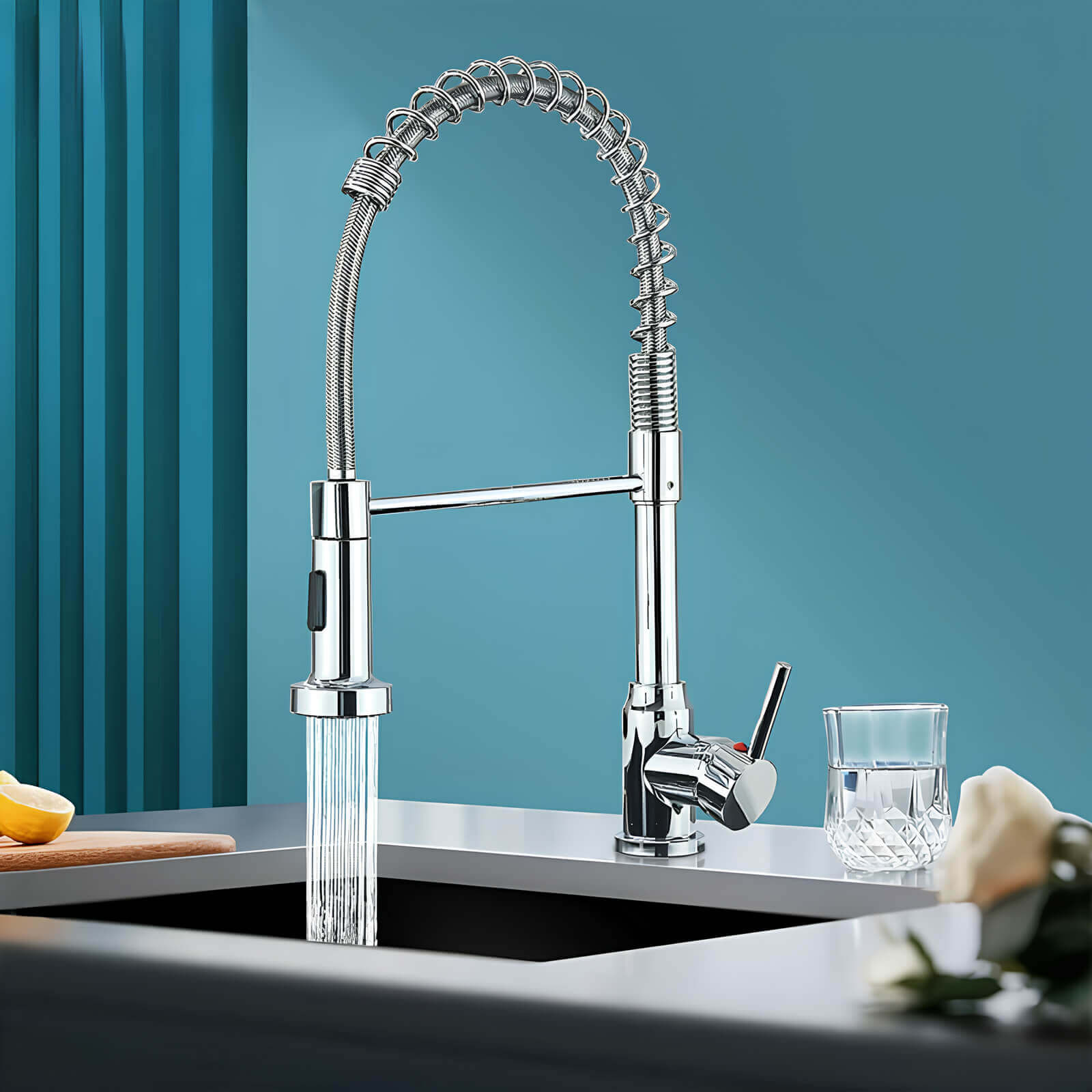Commercial spring kitchen faucet with tall spout and pull-down sprayer