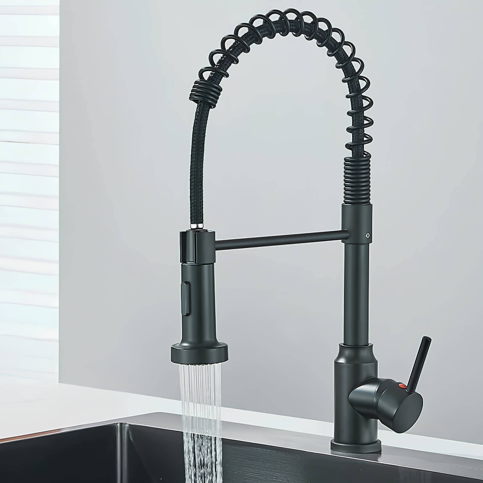 Commercial spring kitchen faucet with tall spout and pull-down sprayer