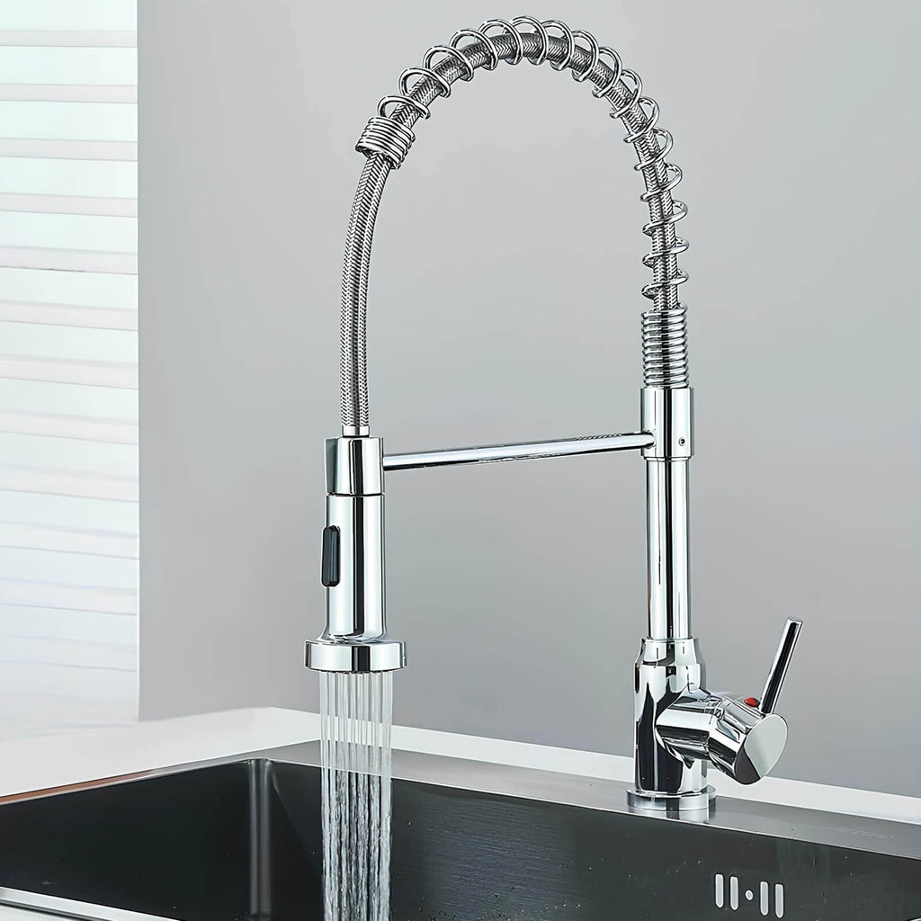 Commercial spring kitchen faucet with tall spout and pull-down sprayer