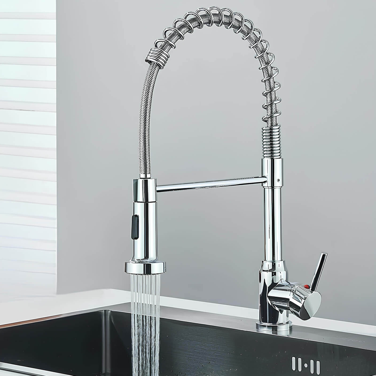 Commercial spring kitchen faucet with tall spout and pull-down sprayer