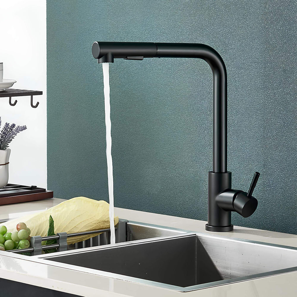 Designer kitchen faucet with dual-spray pull-down head and 360° swivel spout