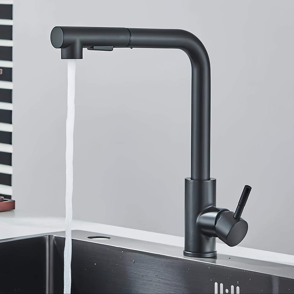 Designer kitchen faucet with dual-spray pull-down head and 360° swivel spout