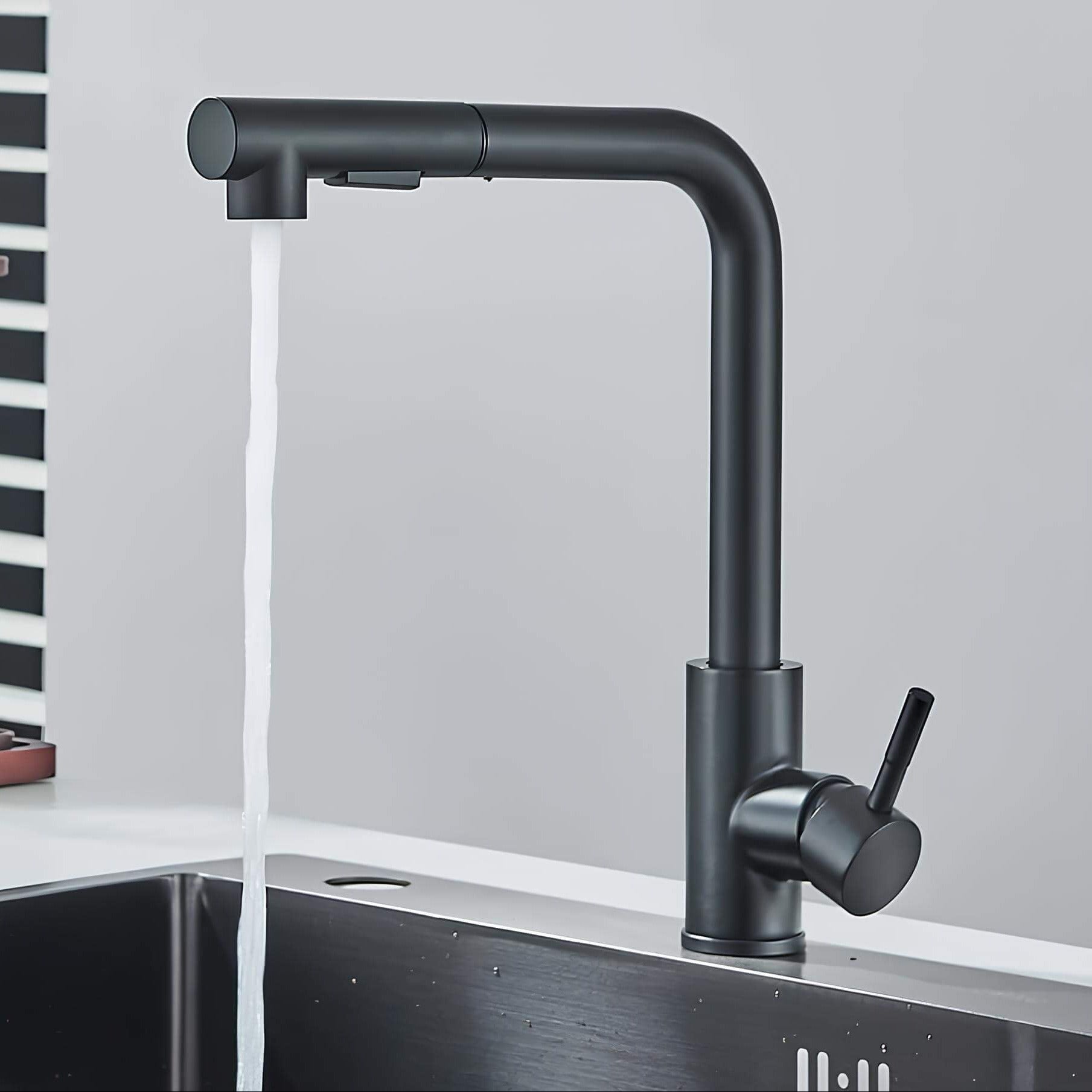 Designer kitchen faucet with dual-spray pull-down head and 360° swivel spout