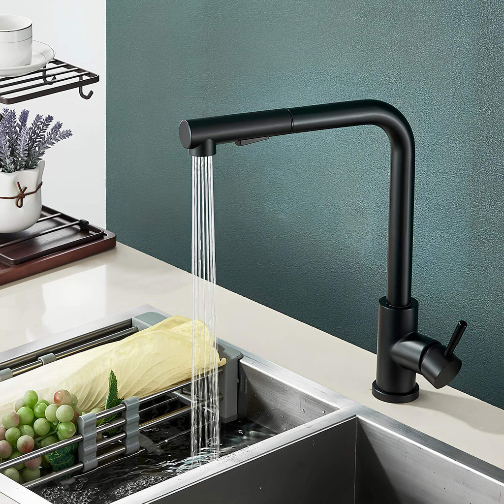 Designer kitchen faucet with dual-spray pull-down head and 360° swivel spout