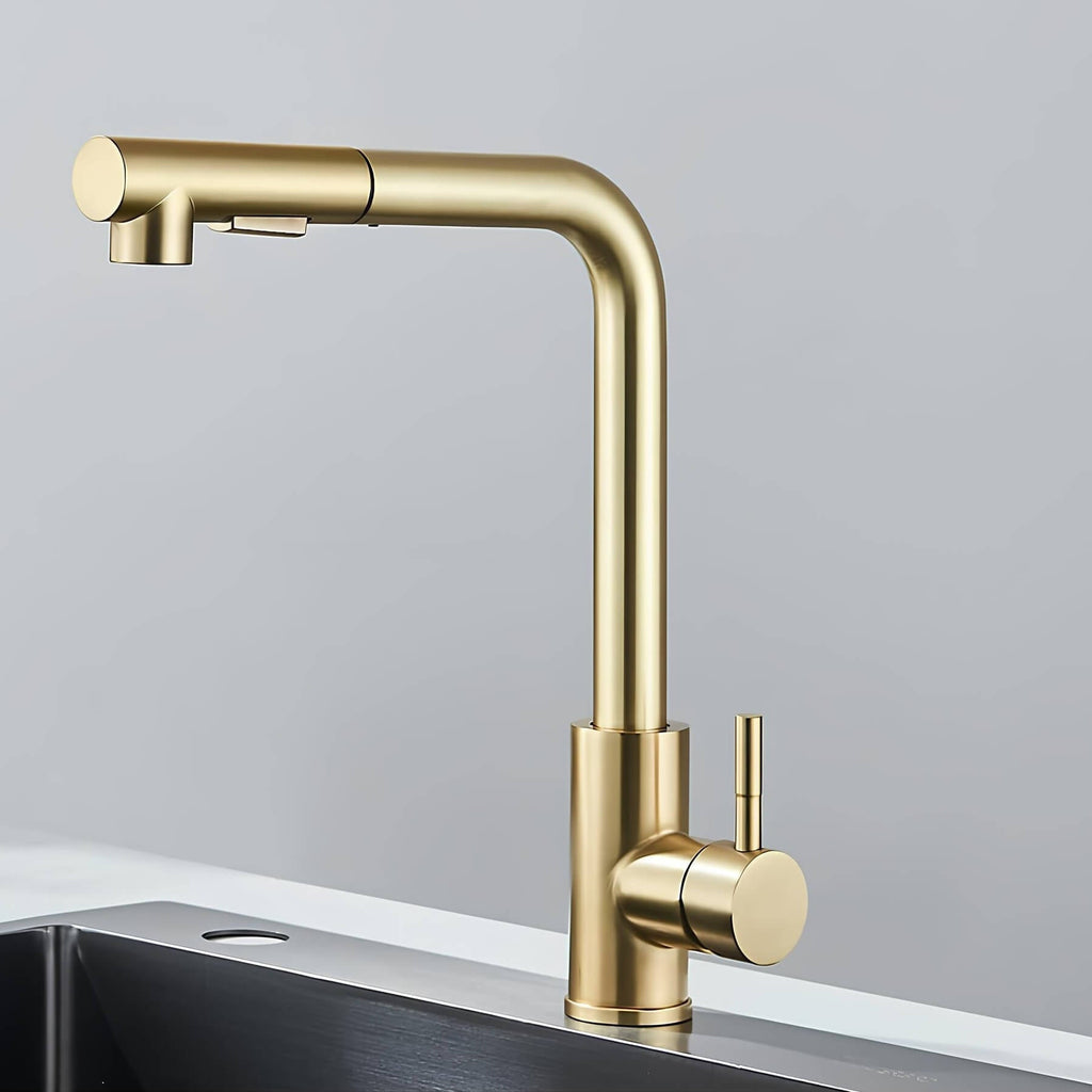 Designer kitchen faucet with dual-spray pull-down head and 360° swivel spout