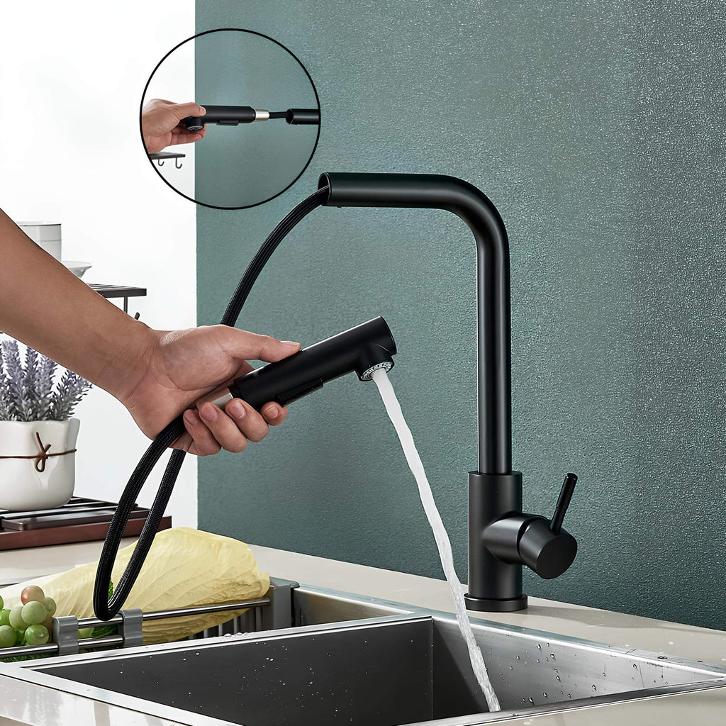 Designer kitchen faucet with dual-spray pull-down head and 360° swivel spout