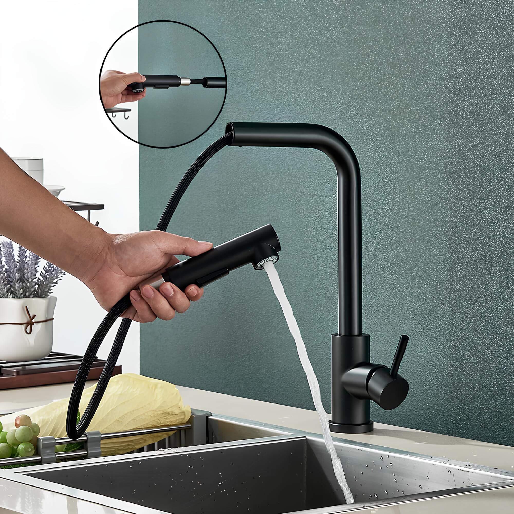 Designer kitchen faucet with dual-spray pull-down head and 360° swivel spout