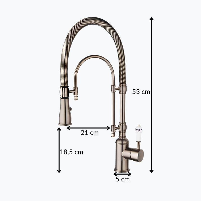 Brass kitchen mixer with tall spring and flexible dual-spray sprayer