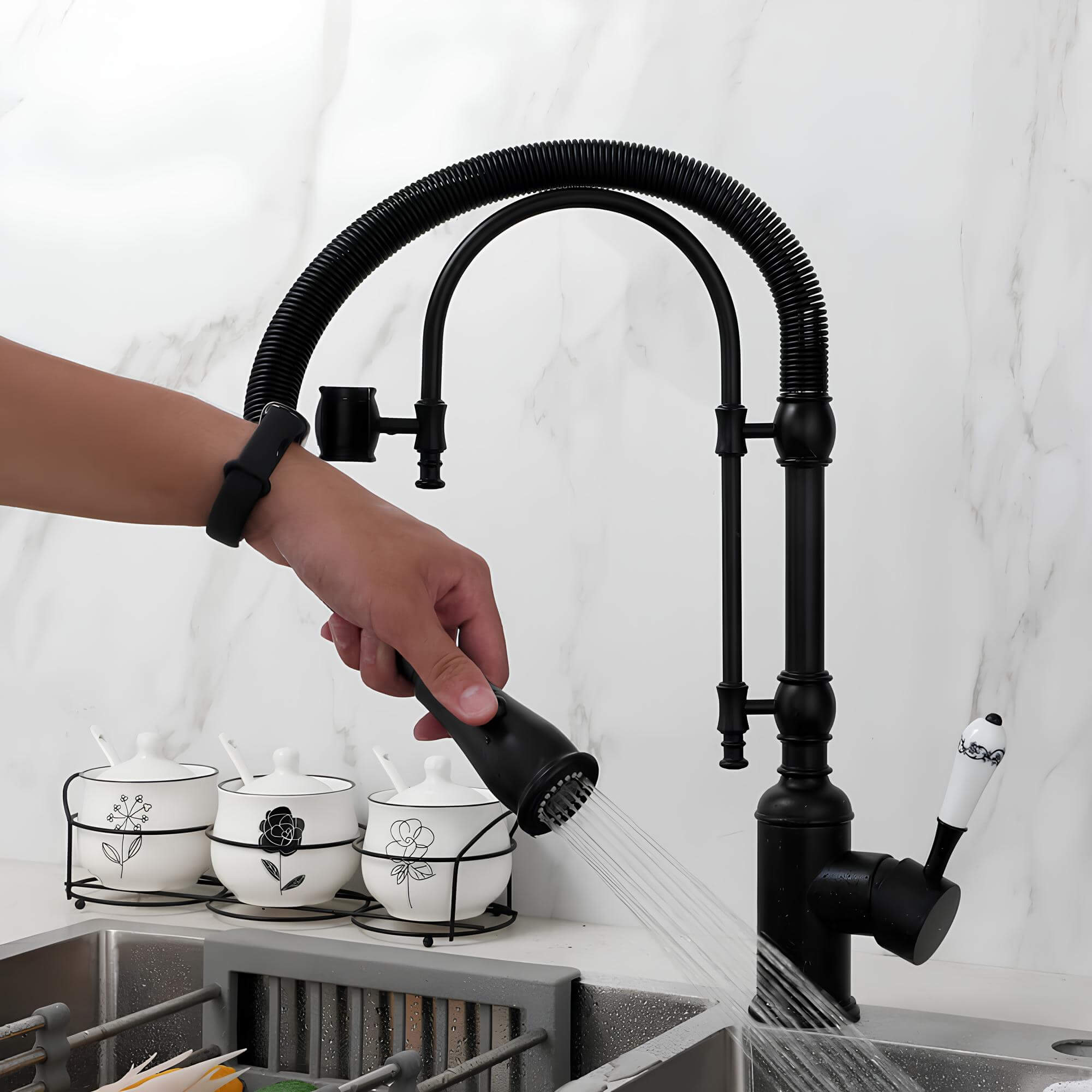Brass kitchen mixer with tall spring and flexible dual-spray sprayer