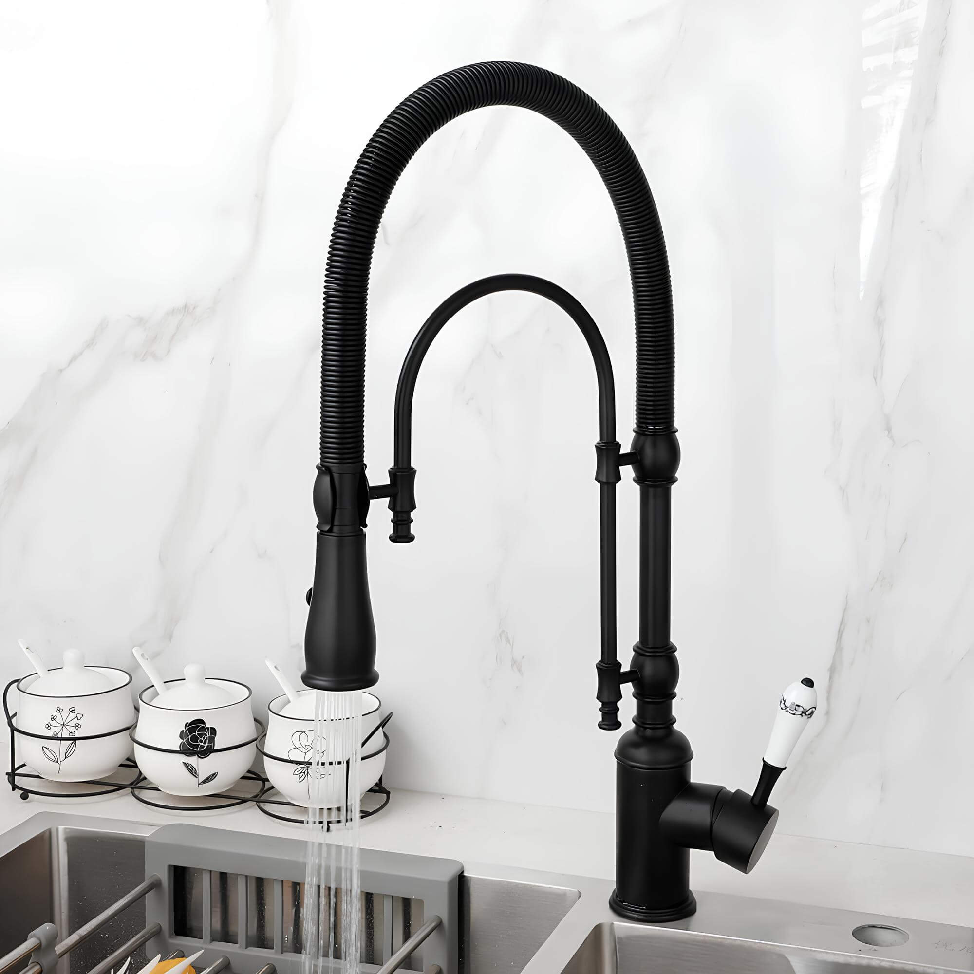 Brass kitchen mixer with tall spring and flexible dual-spray sprayer