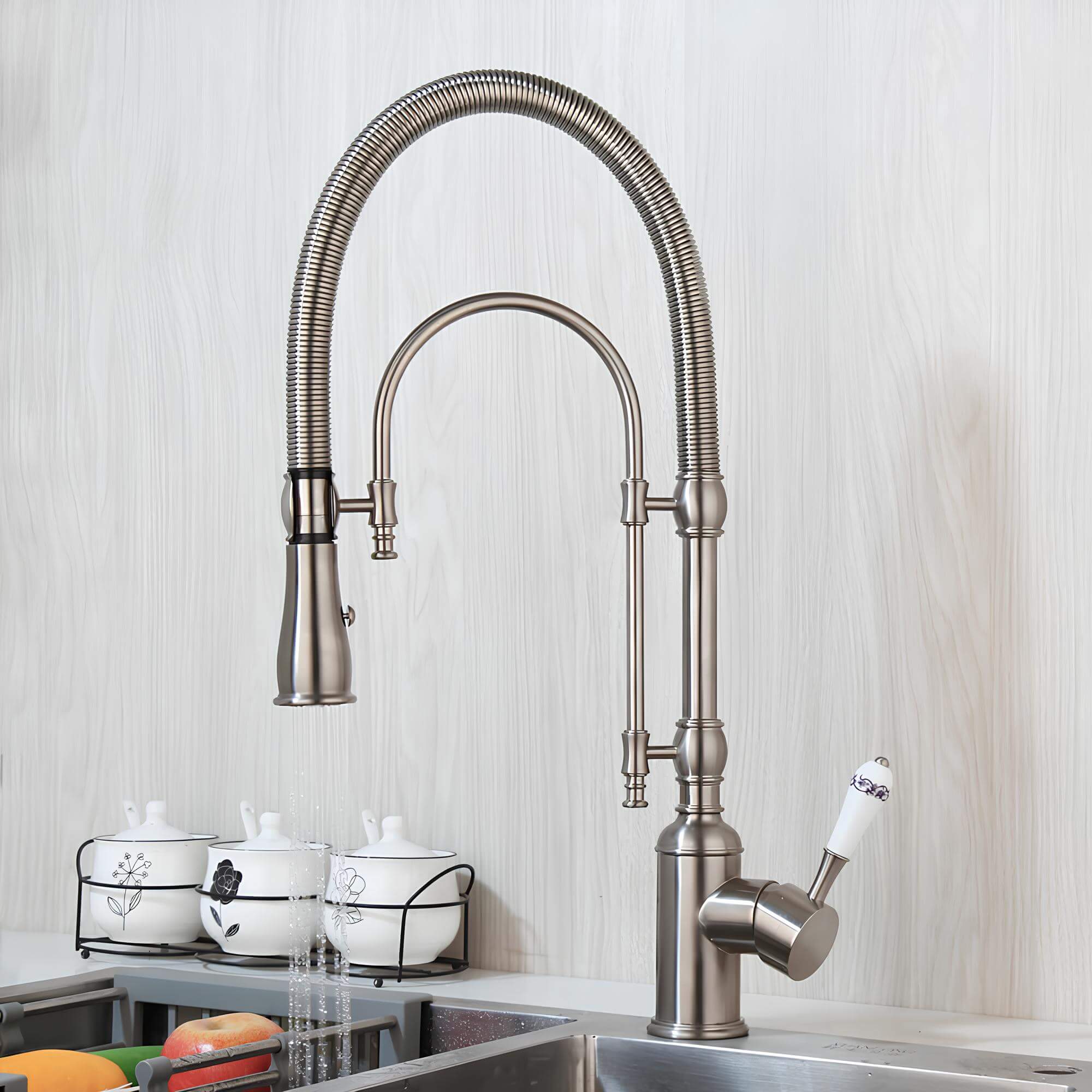 Brass kitchen mixer with tall spring and flexible dual-spray sprayer