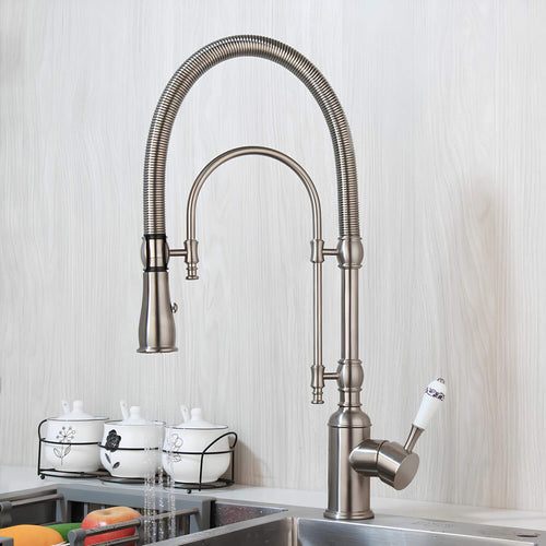 Brass kitchen mixer with tall spring and flexible dual-spray sprayer