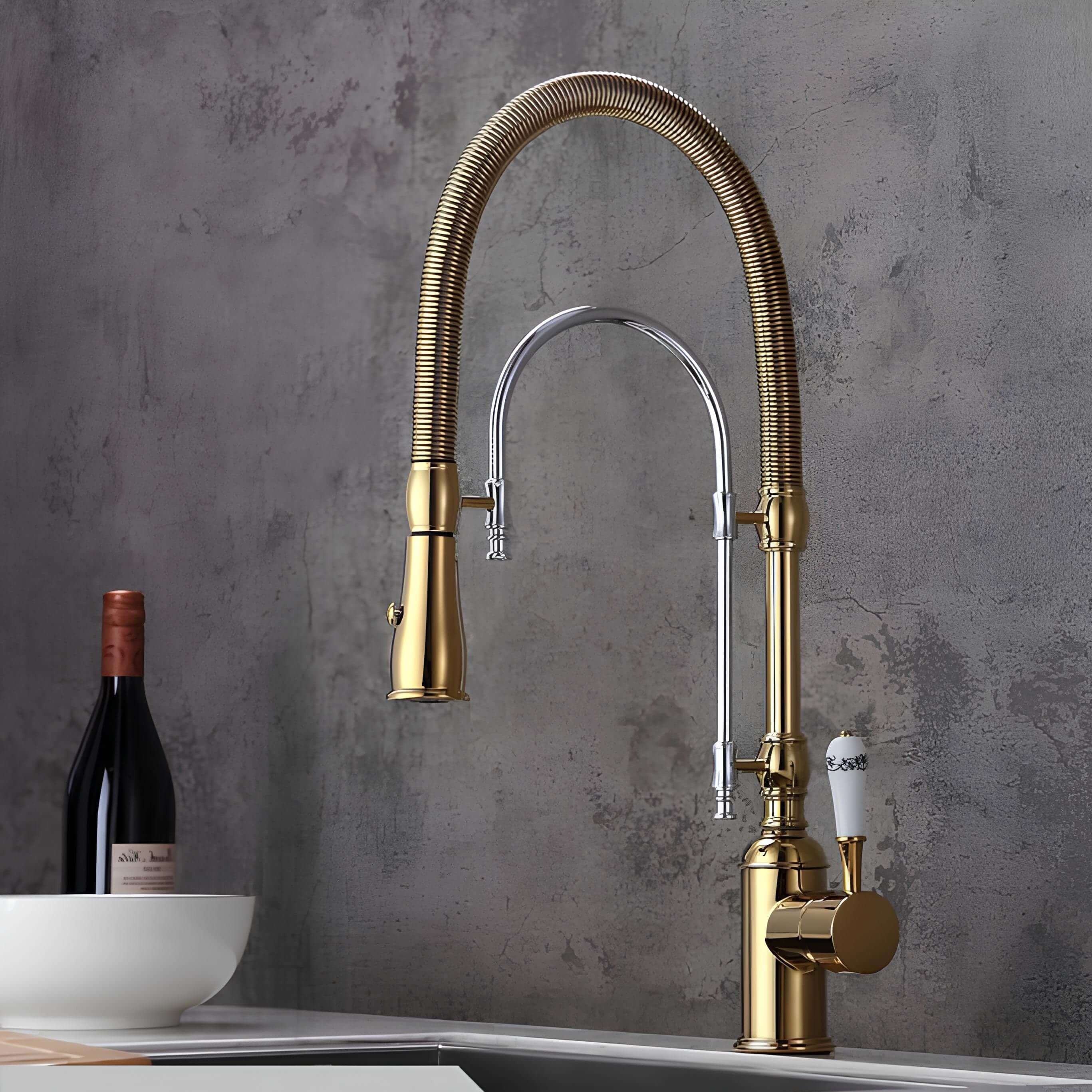 Brass kitchen mixer with tall spring and flexible dual-spray sprayer
