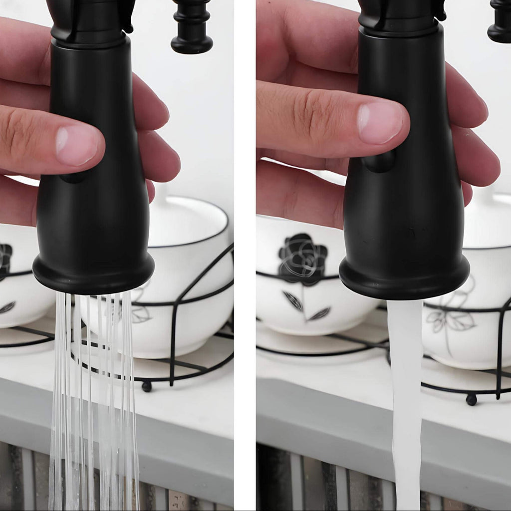 Brass kitchen mixer with tall spring and flexible dual-spray sprayer