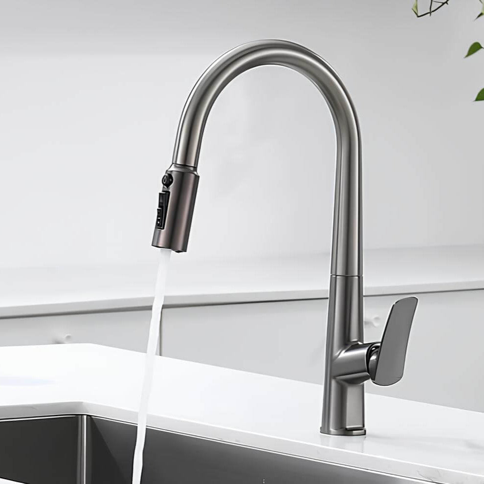 Brass kitchen mixer with pull-down sprayer and filtered water outlet