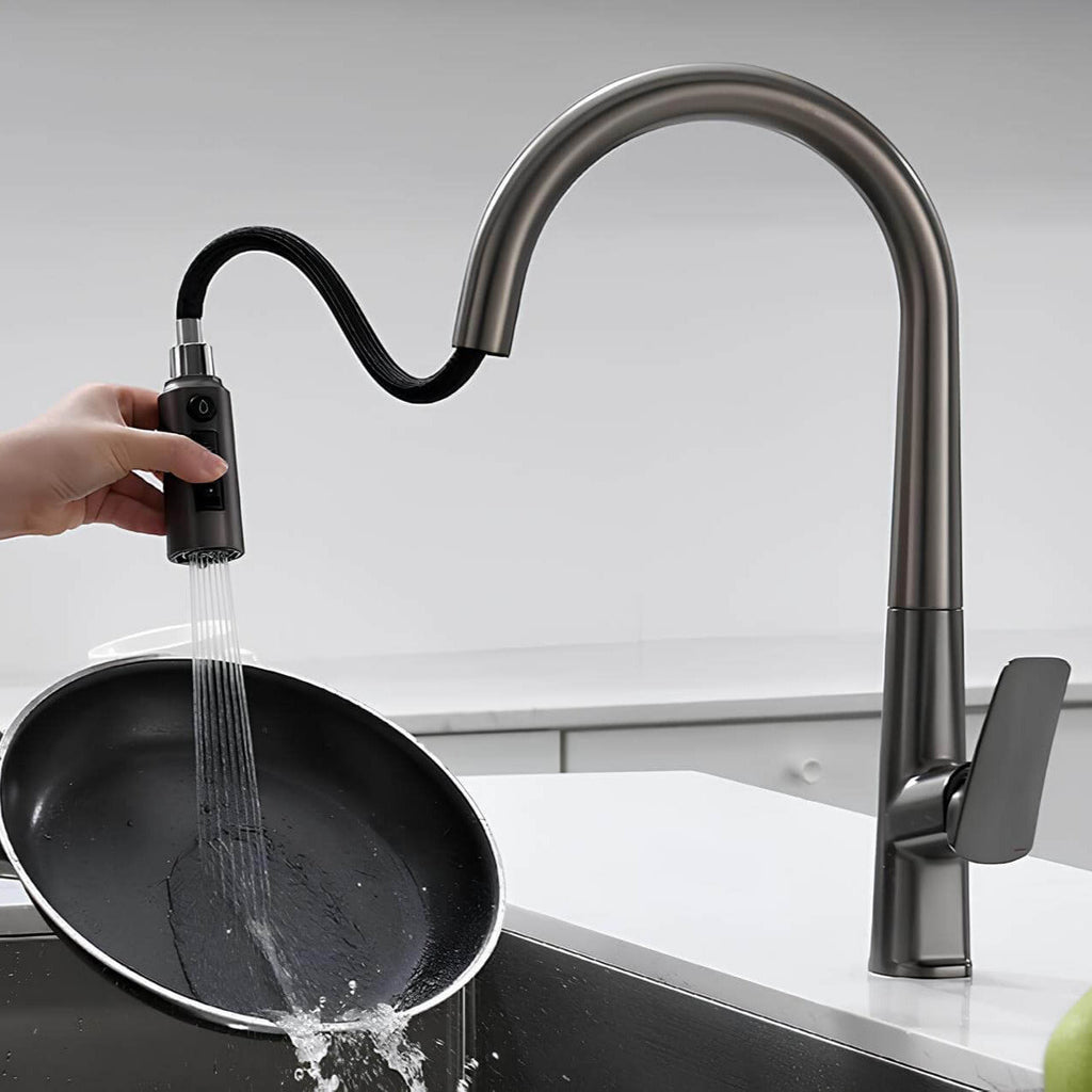 Brass kitchen mixer with pull-down sprayer and filtered water outlet