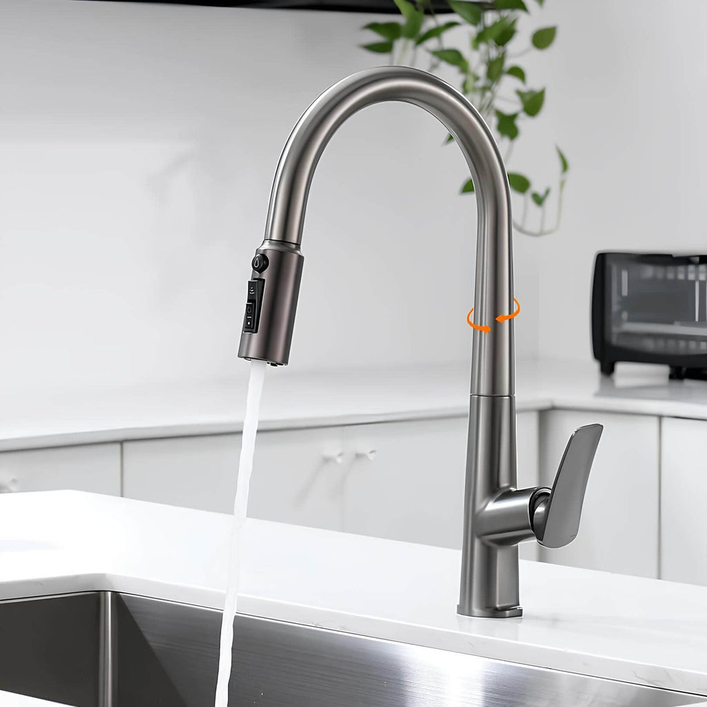 Brass kitchen mixer with pull-down sprayer and filtered water outlet