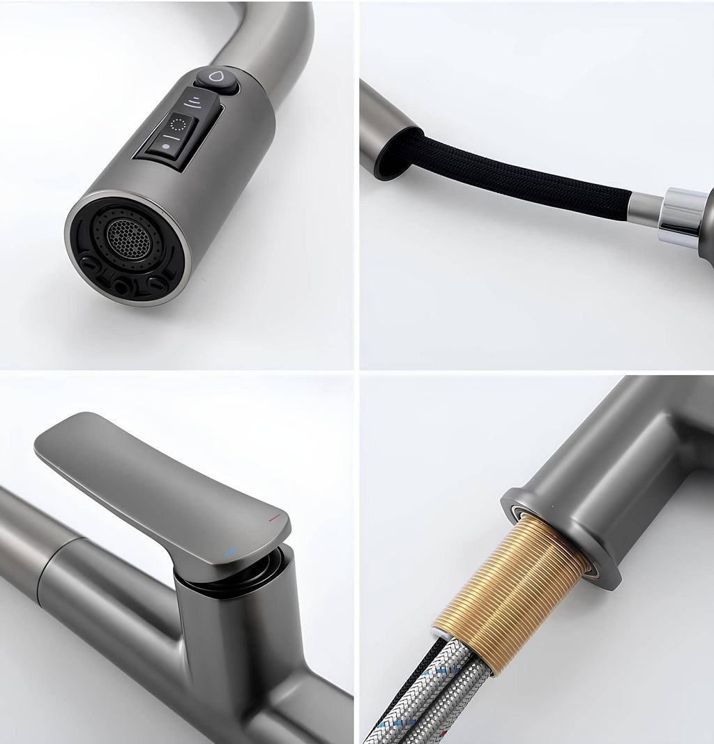 Brass kitchen mixer with pull-down sprayer and filtered water outlet
