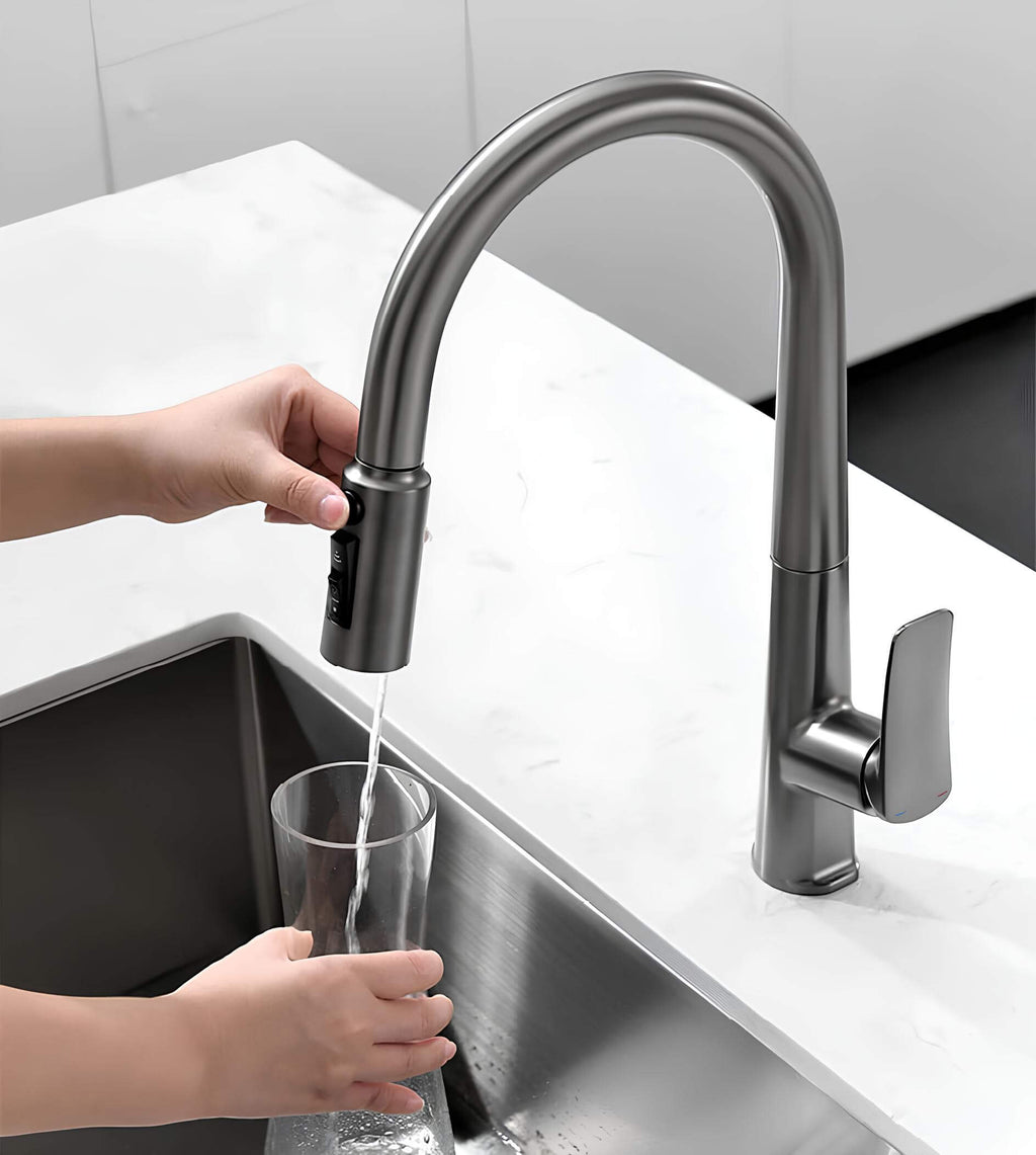Brass kitchen mixer with pull-down sprayer and filtered water outlet