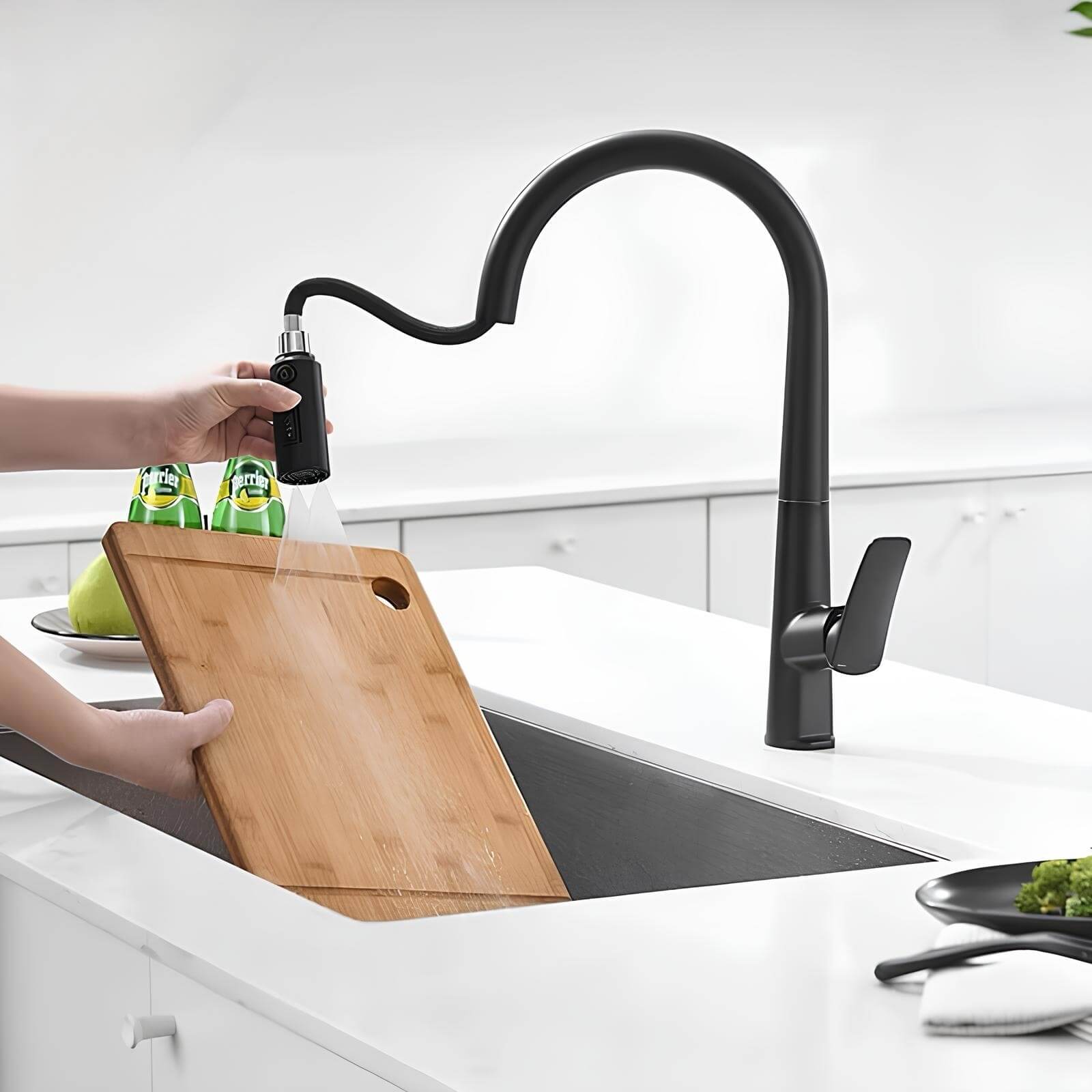 Brass kitchen mixer with pull-down sprayer and filtered water outlet