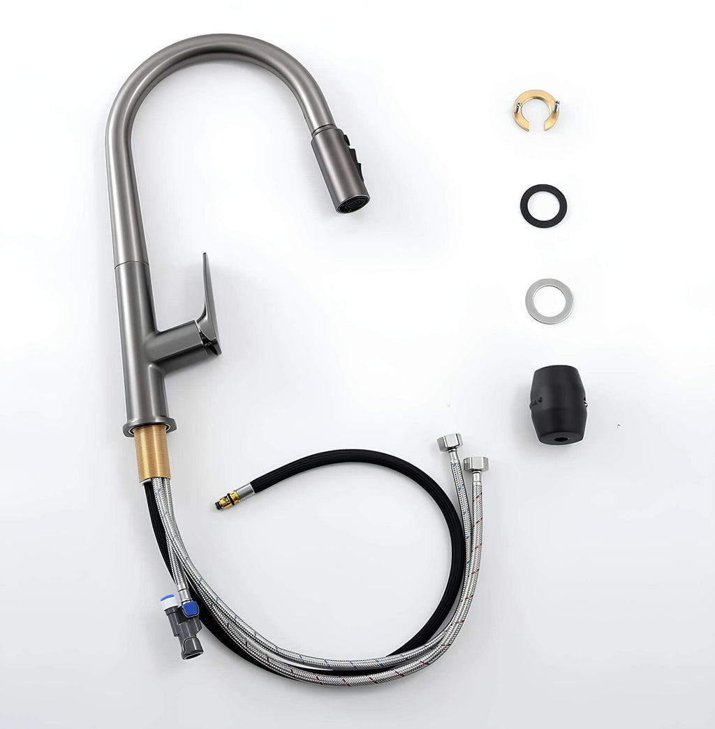 Brass kitchen mixer with pull-down sprayer and filtered water outlet