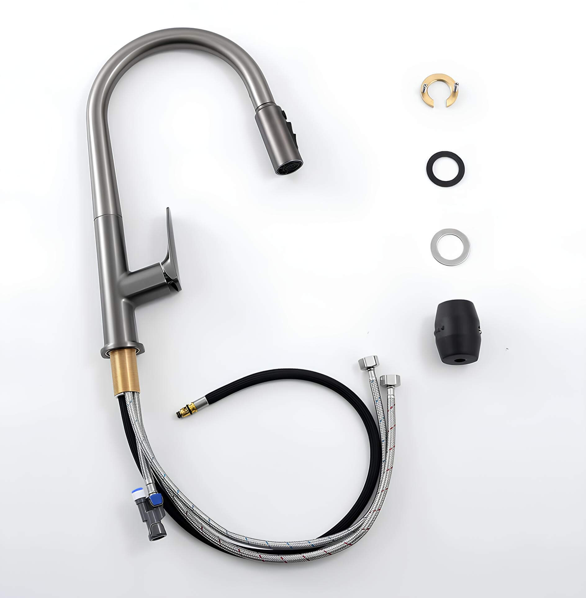 Brass kitchen mixer with pull-down sprayer and filtered water outlet