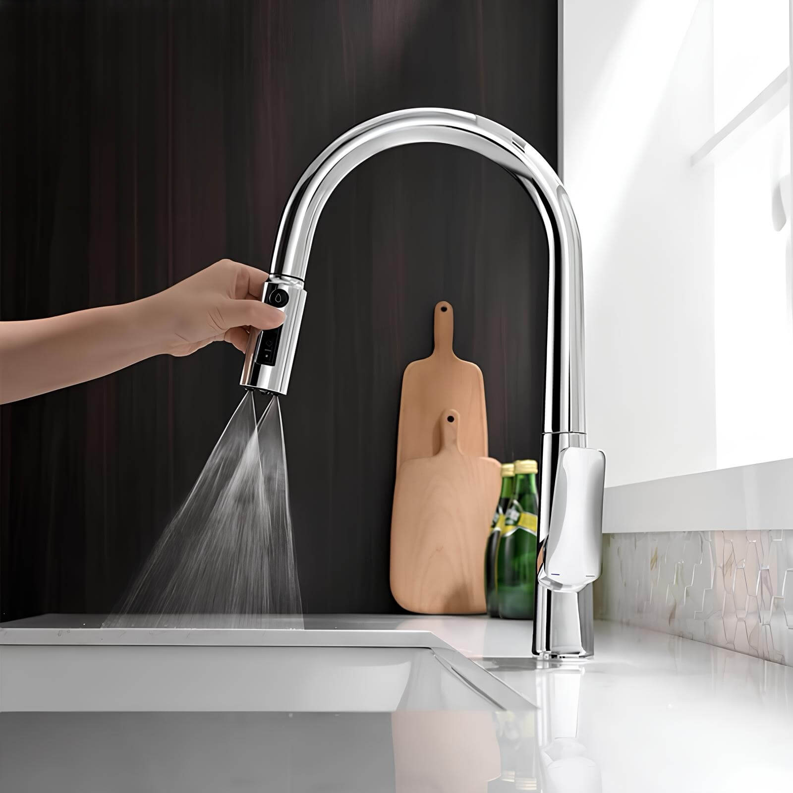 Brass kitchen mixer with pull-down sprayer and filtered water outlet
