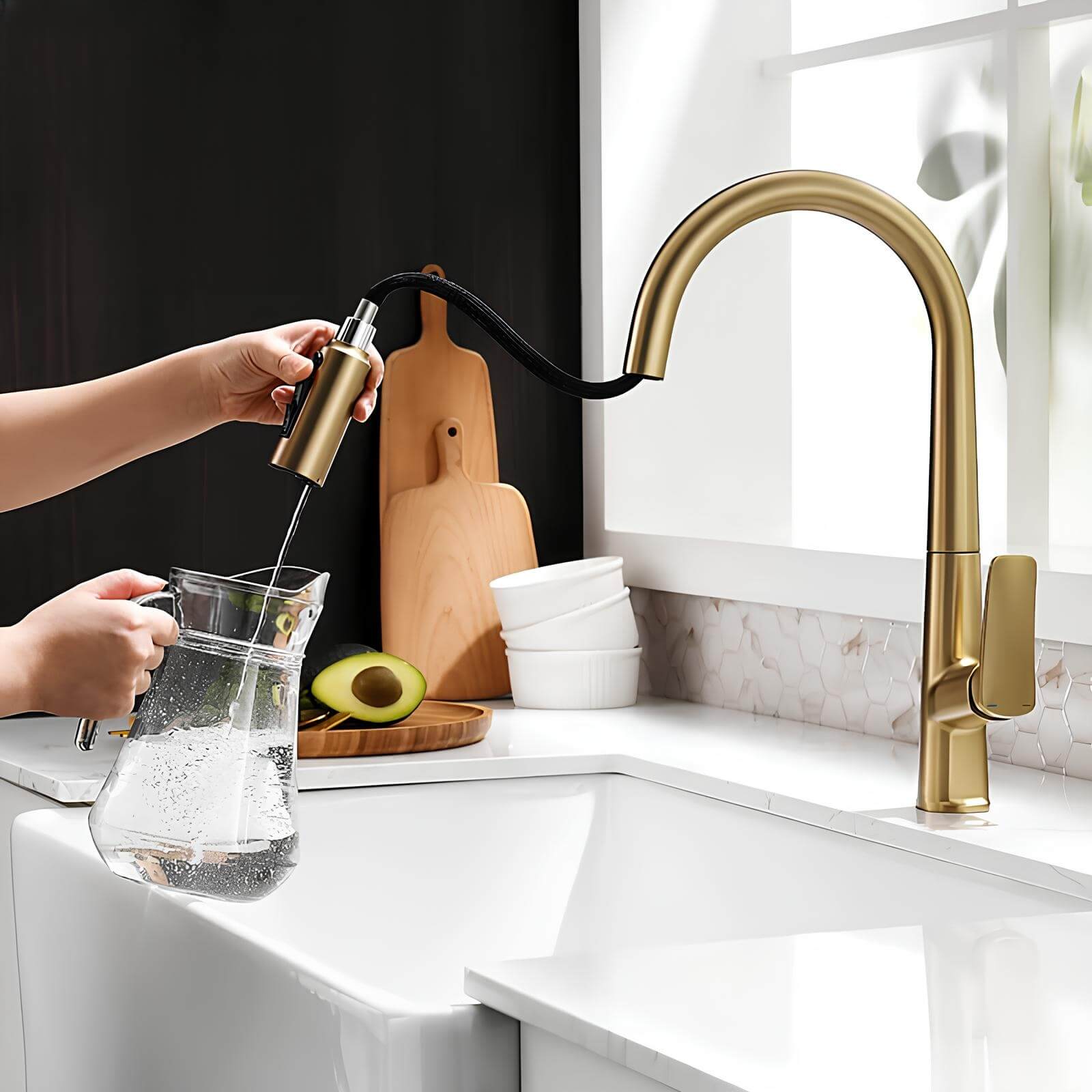 Brass kitchen mixer with pull-down sprayer and filtered water outlet