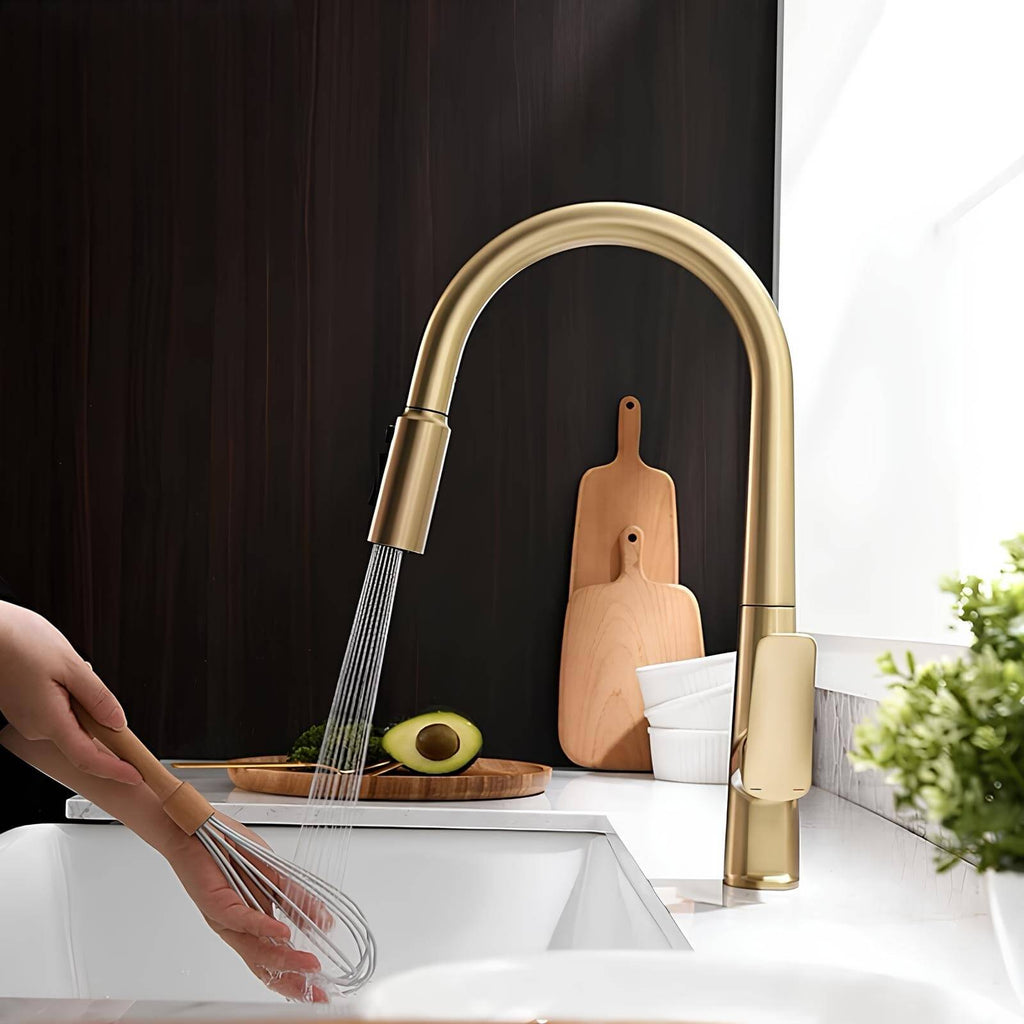 Brass kitchen mixer with pull-down sprayer and filtered water outlet