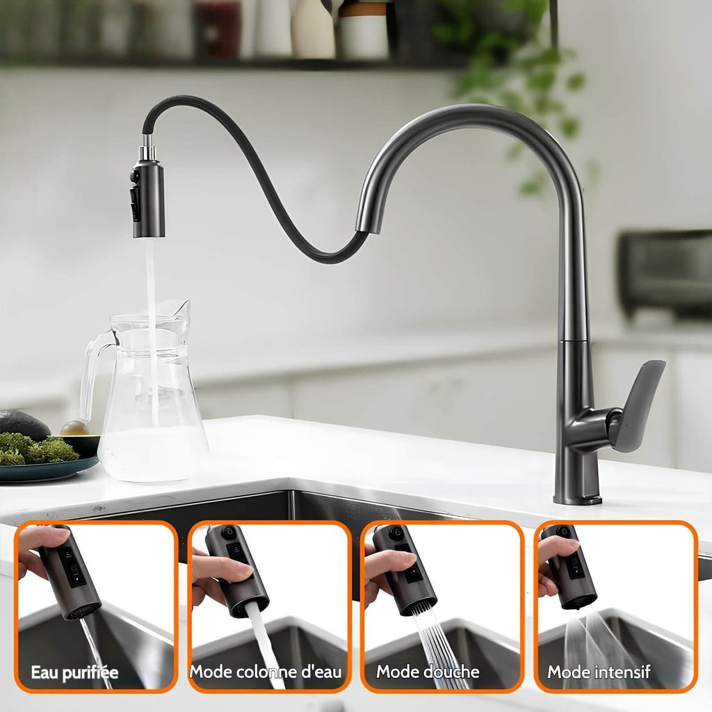 Brass kitchen mixer with pull-down sprayer and filtered water outlet
