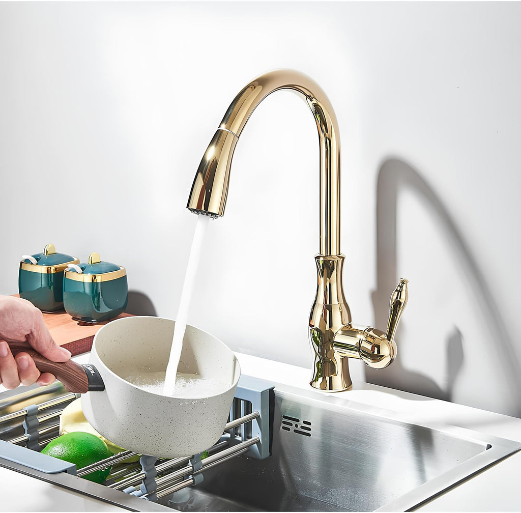 Brass kitchen mixer with hidden retractable sprayer and swivel neck