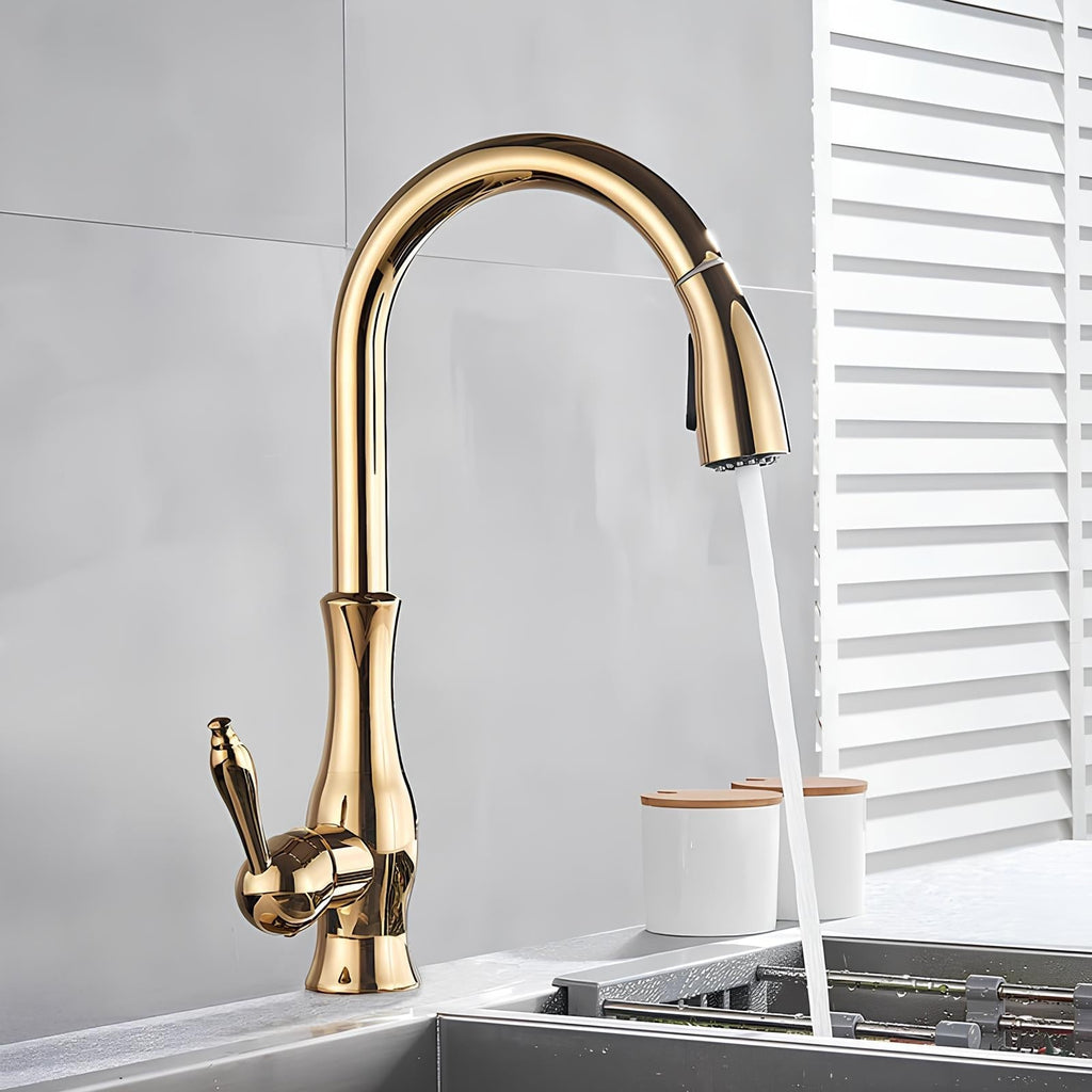 Brass kitchen mixer with hidden retractable sprayer and swivel neck