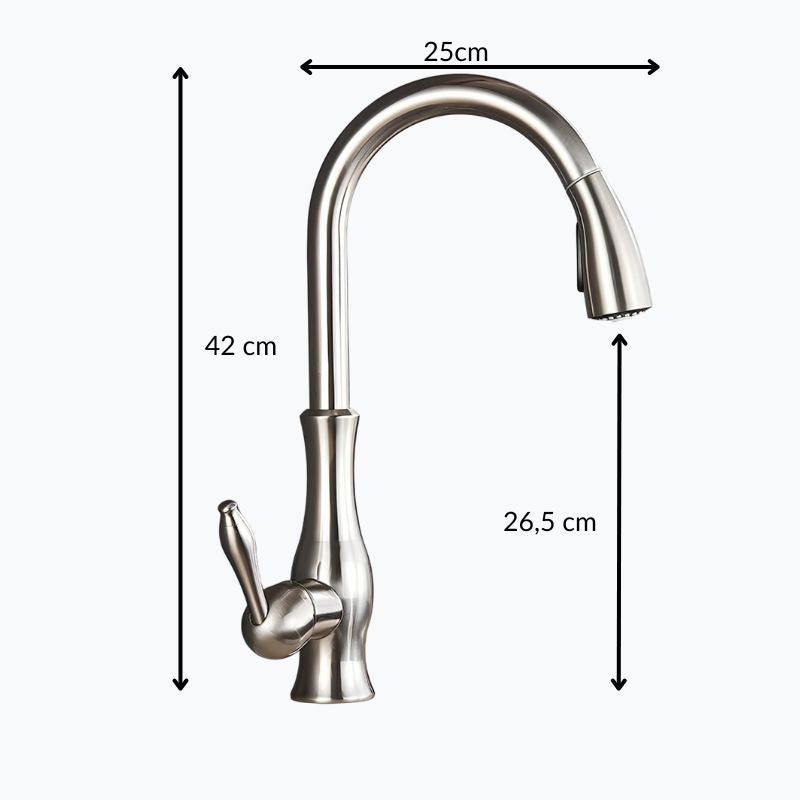 Brass kitchen mixer with hidden retractable sprayer and swivel neck