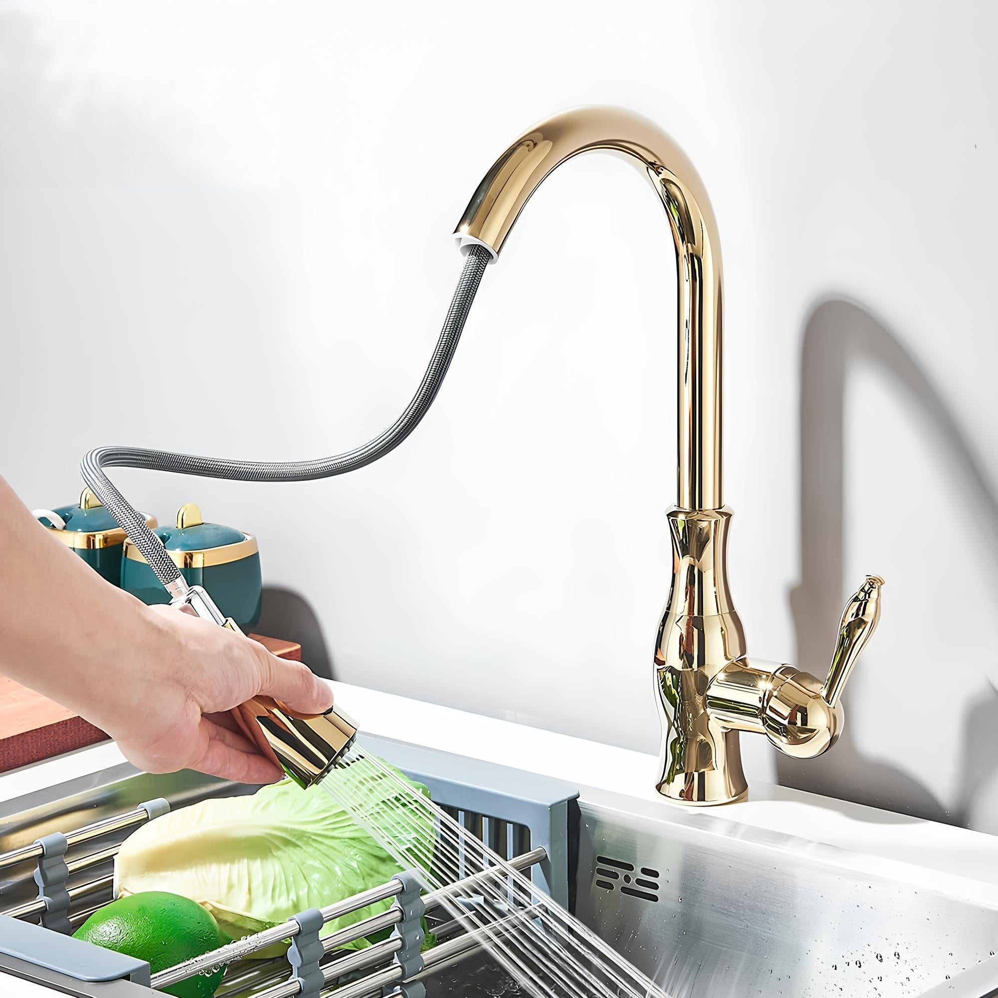 Brass kitchen mixer with hidden retractable sprayer and swivel neck