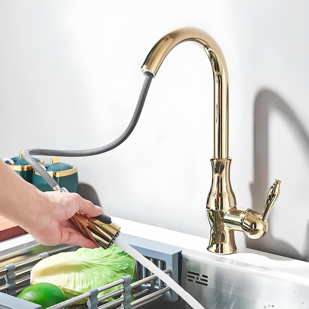 Brass kitchen mixer with hidden retractable sprayer and swivel neck