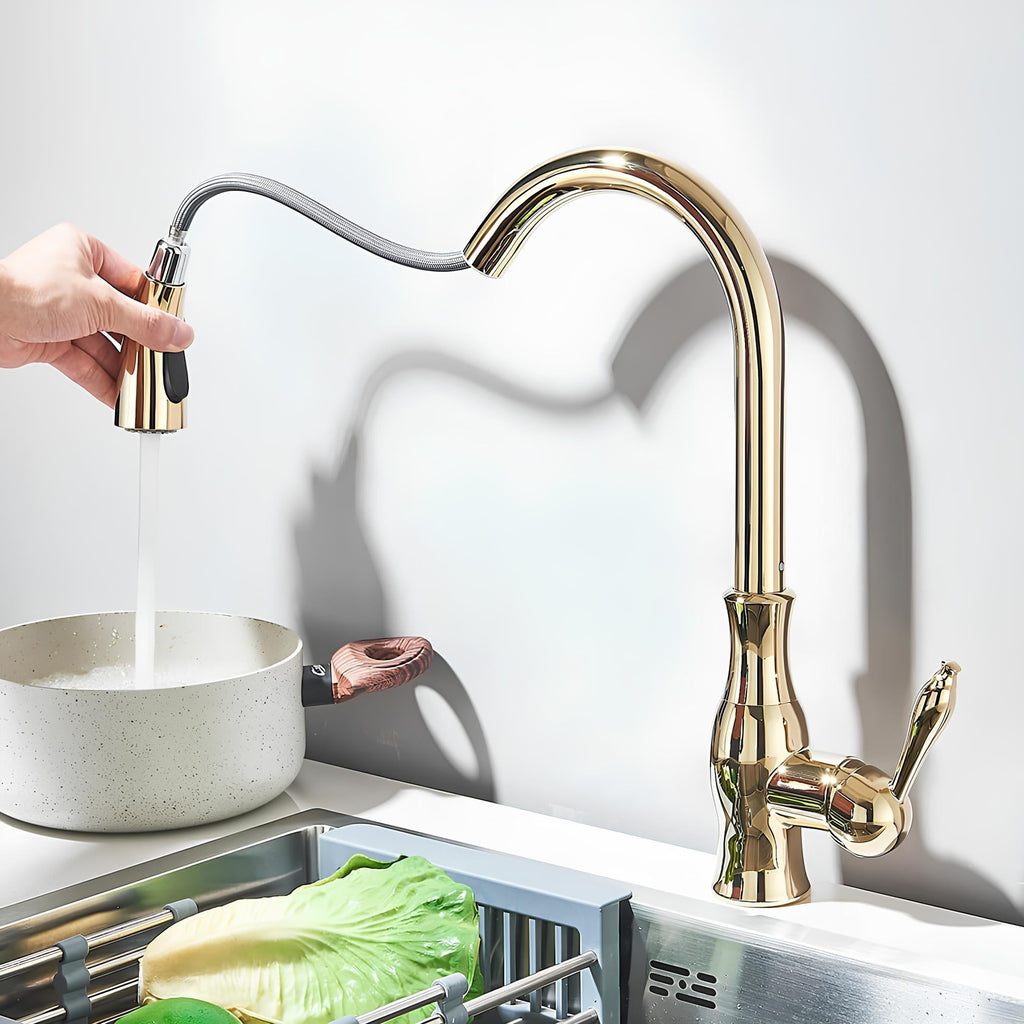 Brass kitchen mixer with hidden retractable sprayer and swivel neck