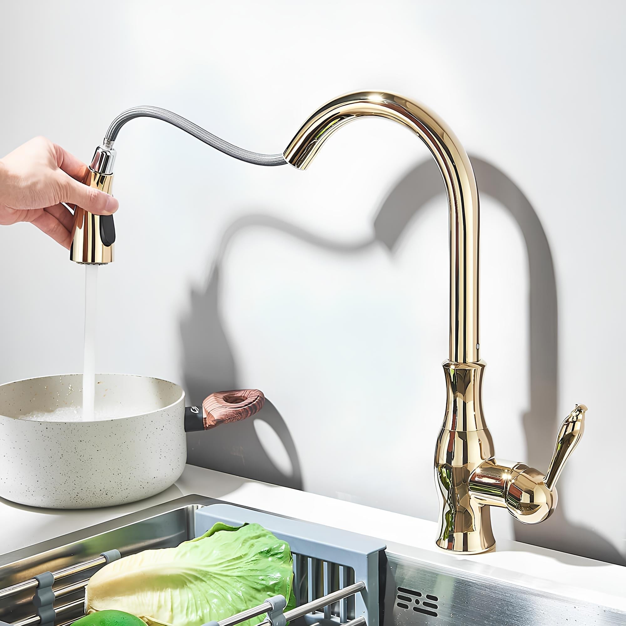 Brass kitchen mixer with hidden retractable sprayer and swivel neck
