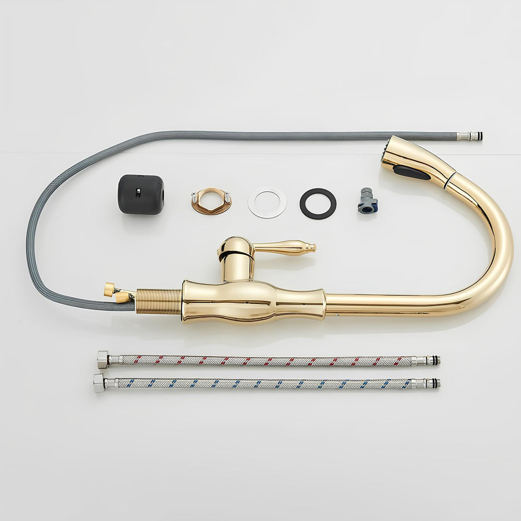 Brass kitchen mixer with hidden retractable sprayer and swivel neck