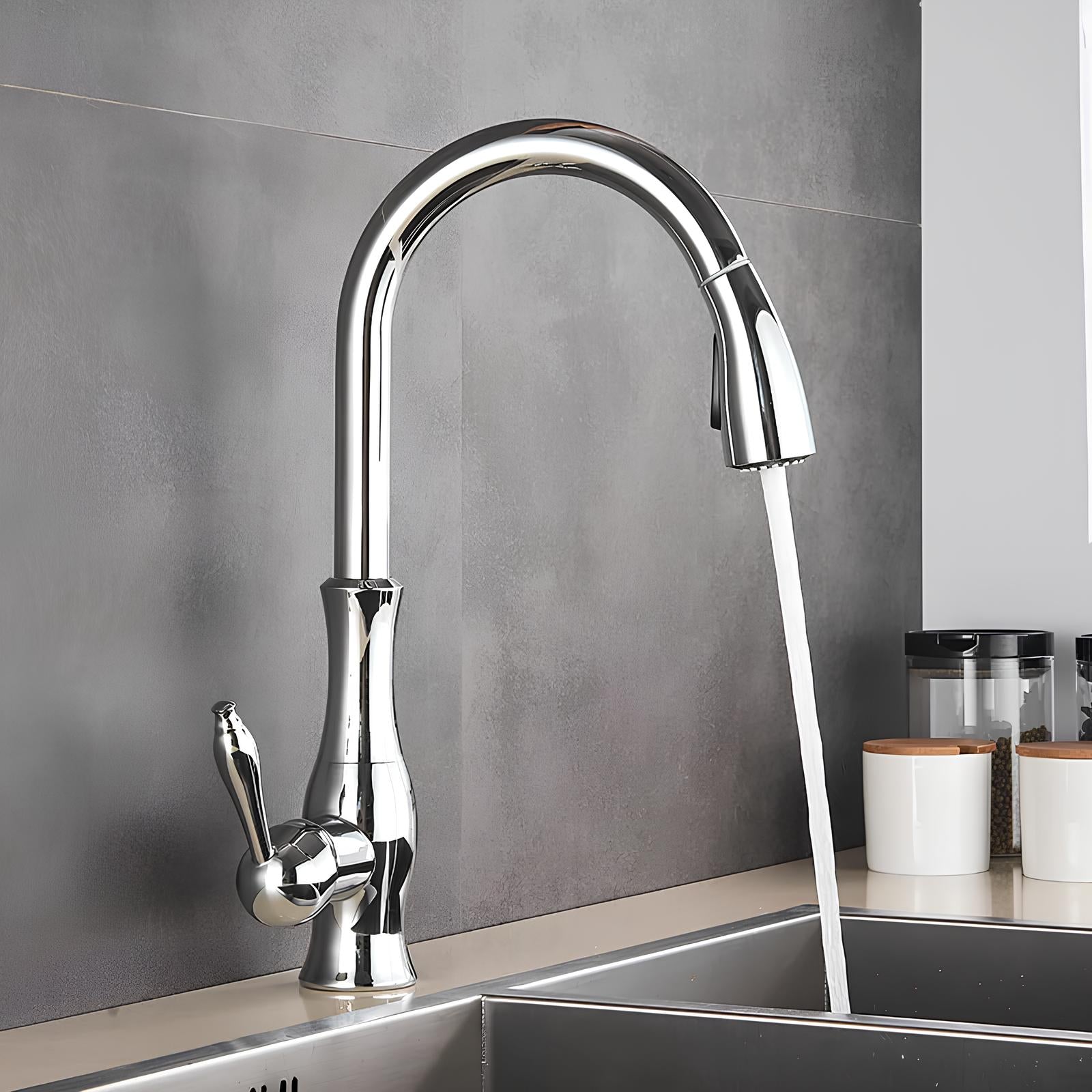 Brass kitchen mixer with hidden retractable sprayer and swivel neck