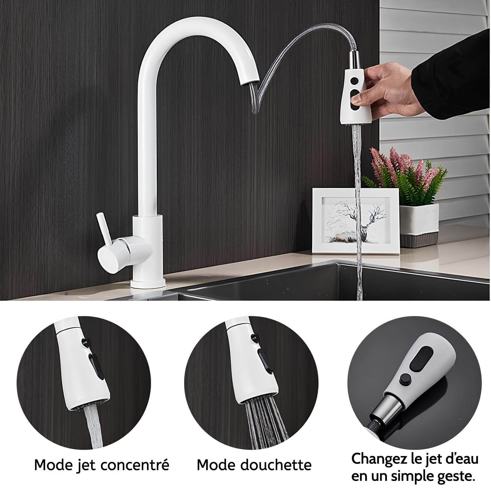 Brass kitchen mixer with pull-down sprayer and two spray modes