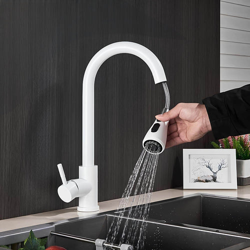 Brass kitchen mixer with pull-down sprayer and two spray modes