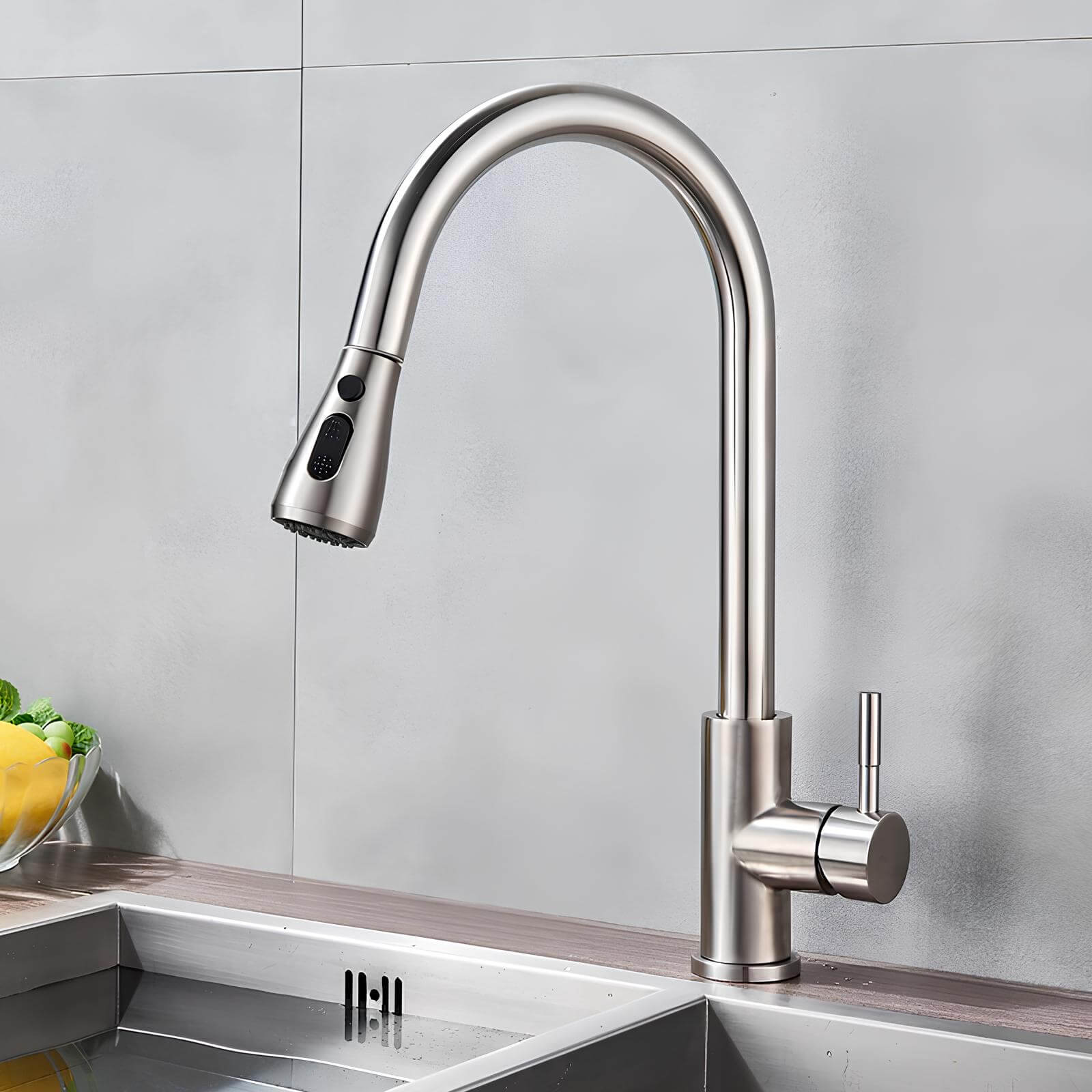 Brass kitchen mixer with pull-down sprayer and two spray modes
