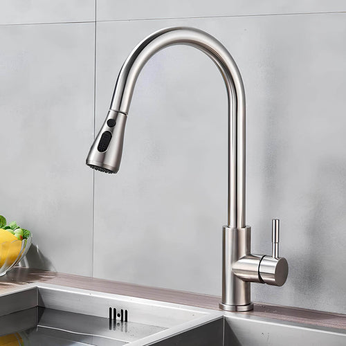 Brass kitchen mixer with pull-down sprayer and two spray modes