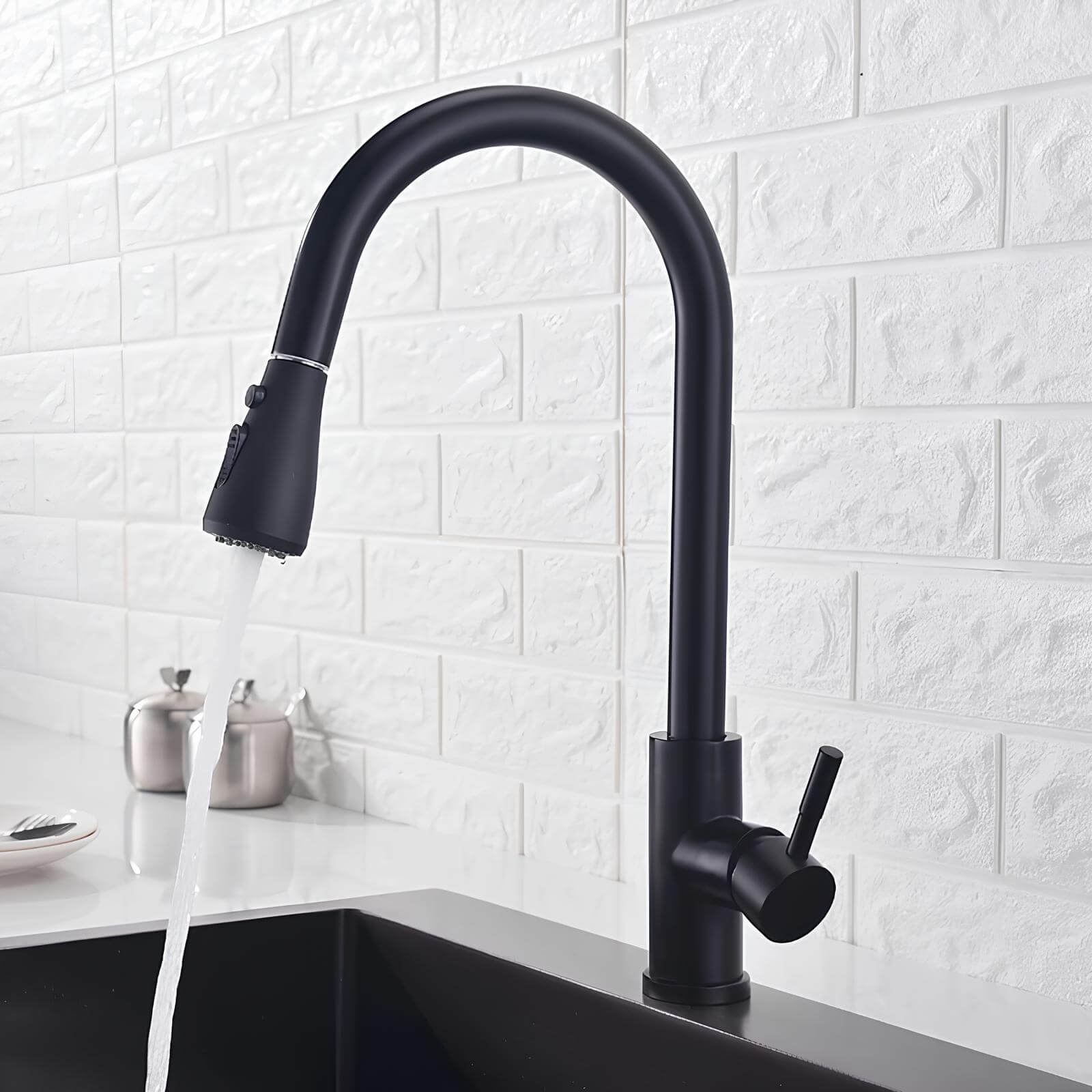 Brass kitchen mixer with pull-down sprayer and two spray modes