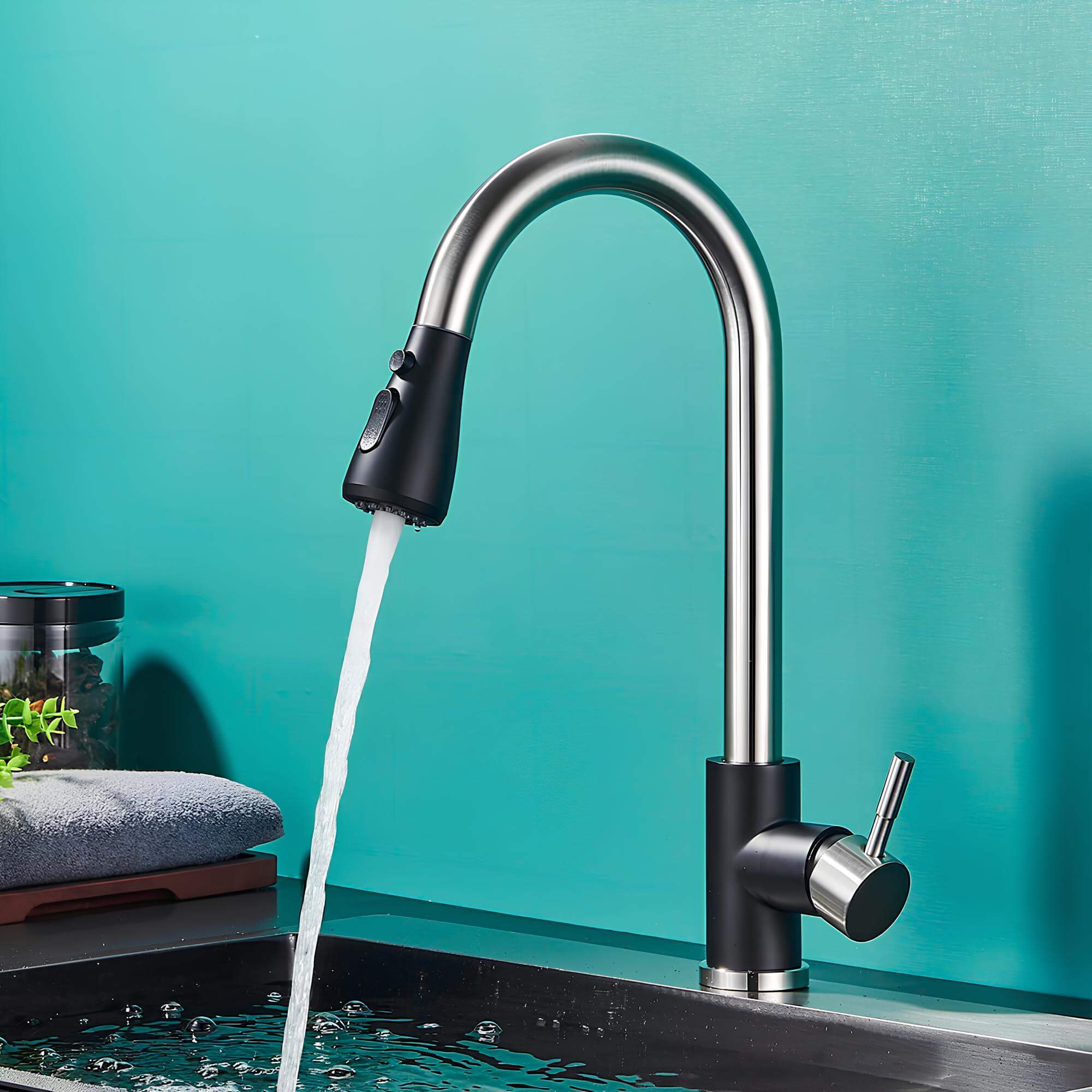 Brass kitchen mixer with pull-down sprayer and two spray modes