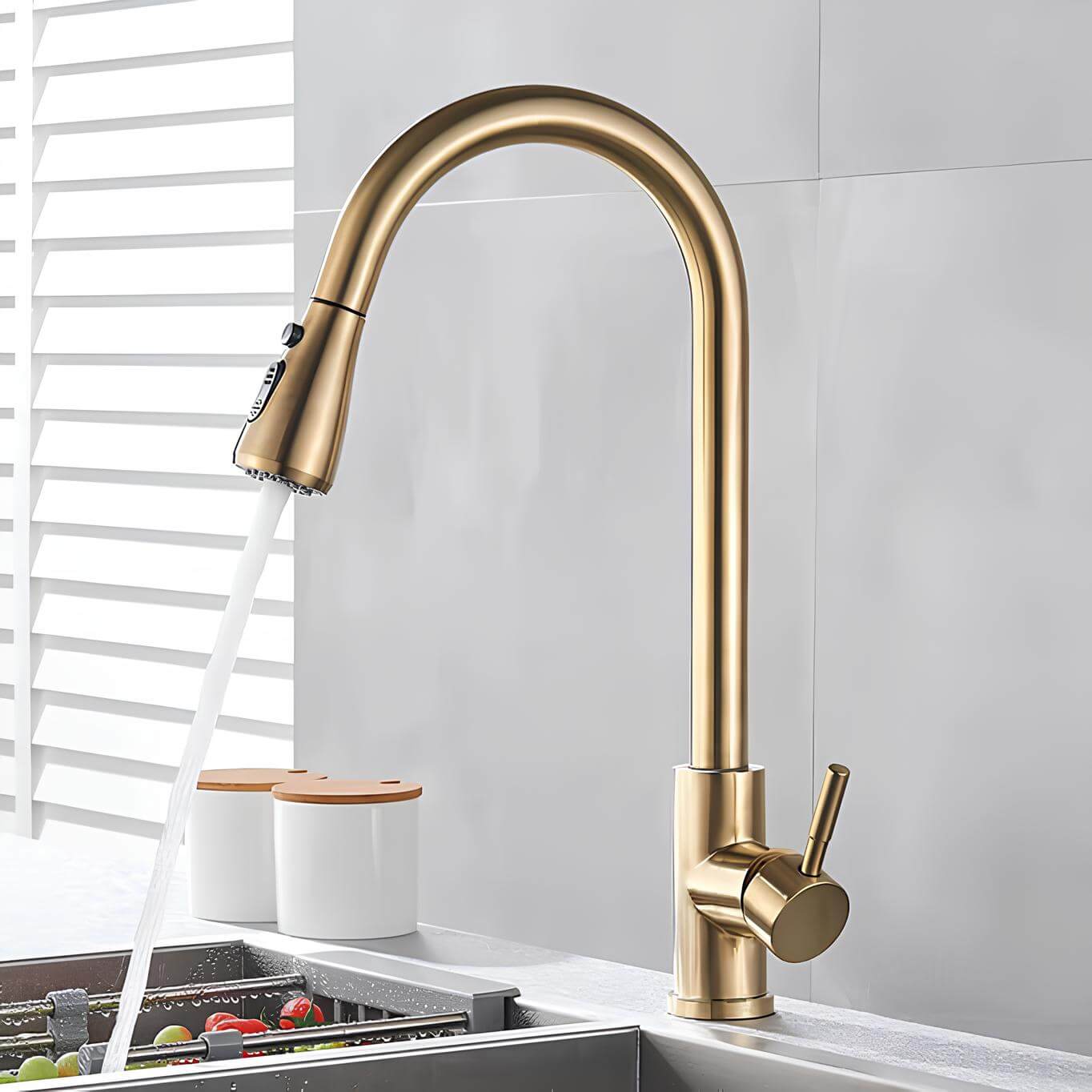 Brass kitchen mixer with pull-down sprayer and two spray modes