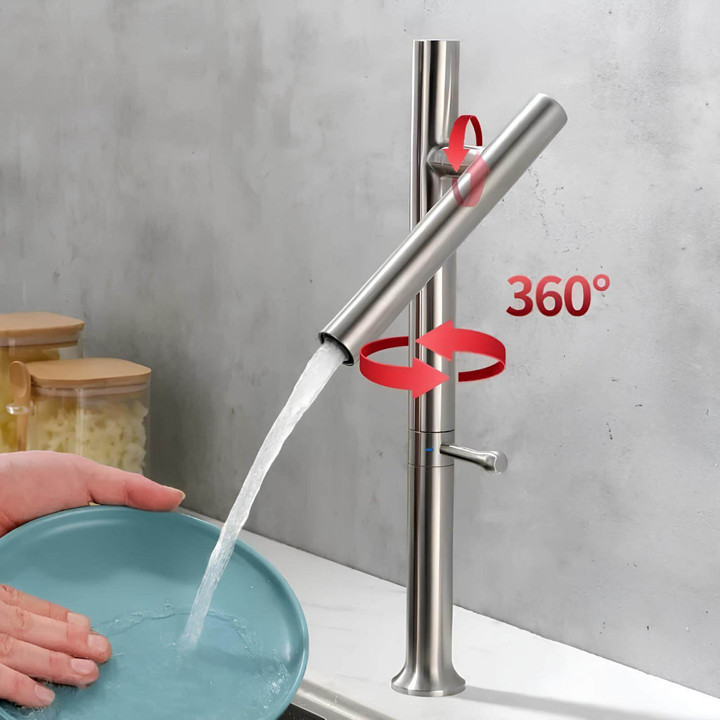 Kitchen faucet in 304 stainless steel with 360° swivel spout
