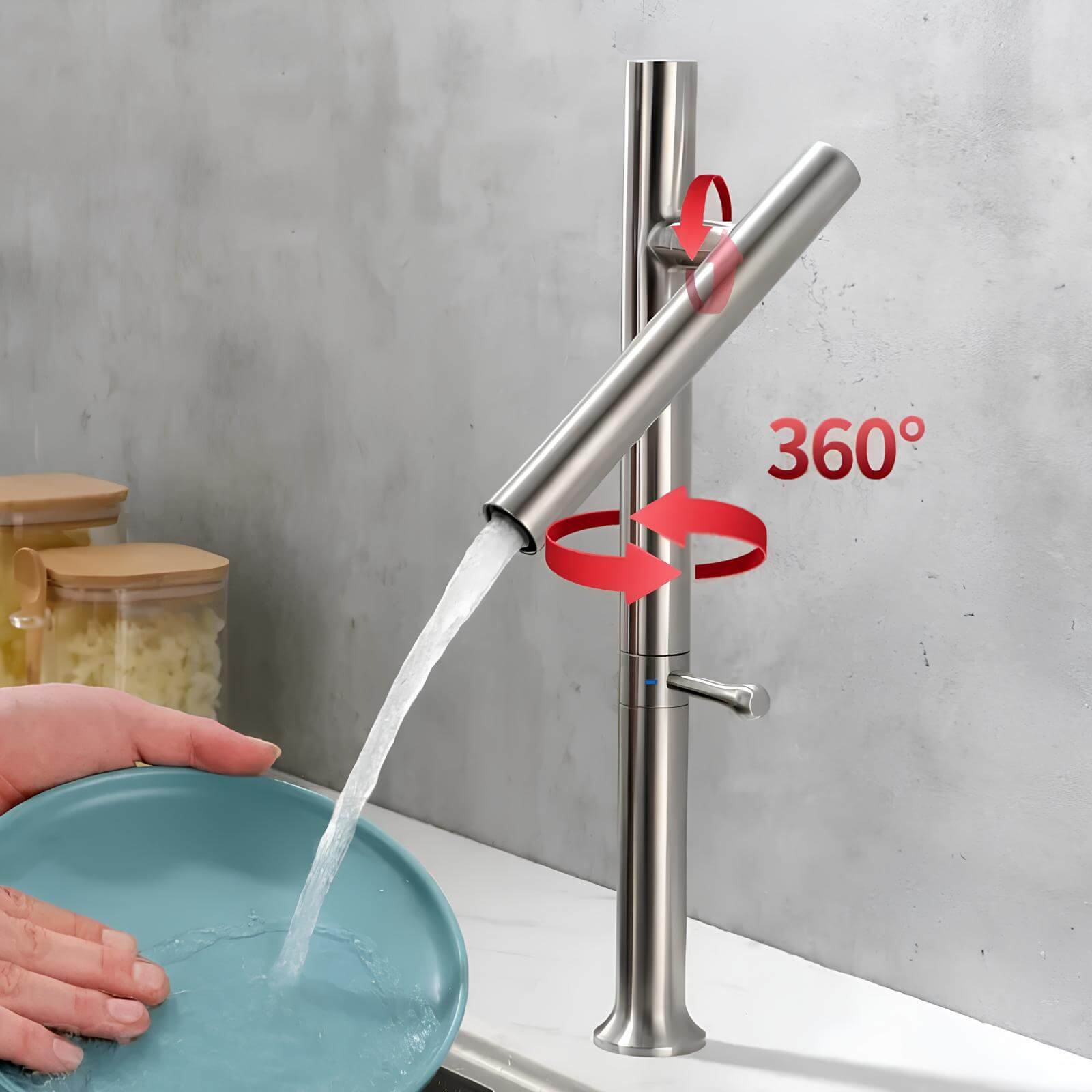Kitchen faucet in 304 stainless steel with 360° swivel spout