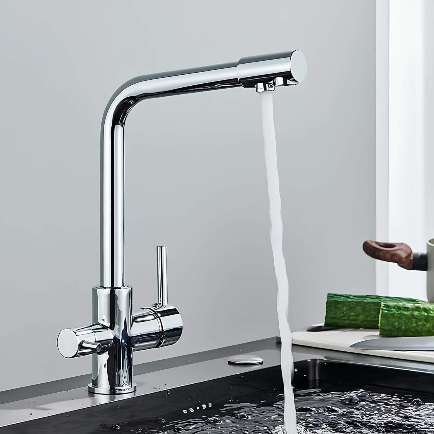 Dual-flow kitchen faucet with filtered water outlet and single-lever mixer